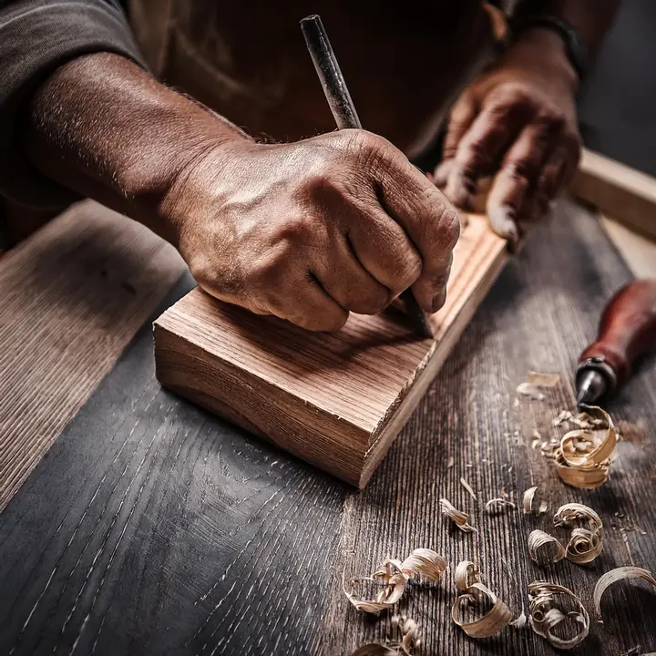 Carpenter shaping a wooden piece