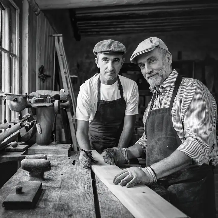 Black and white photo of an early 20th-century woodworking shop