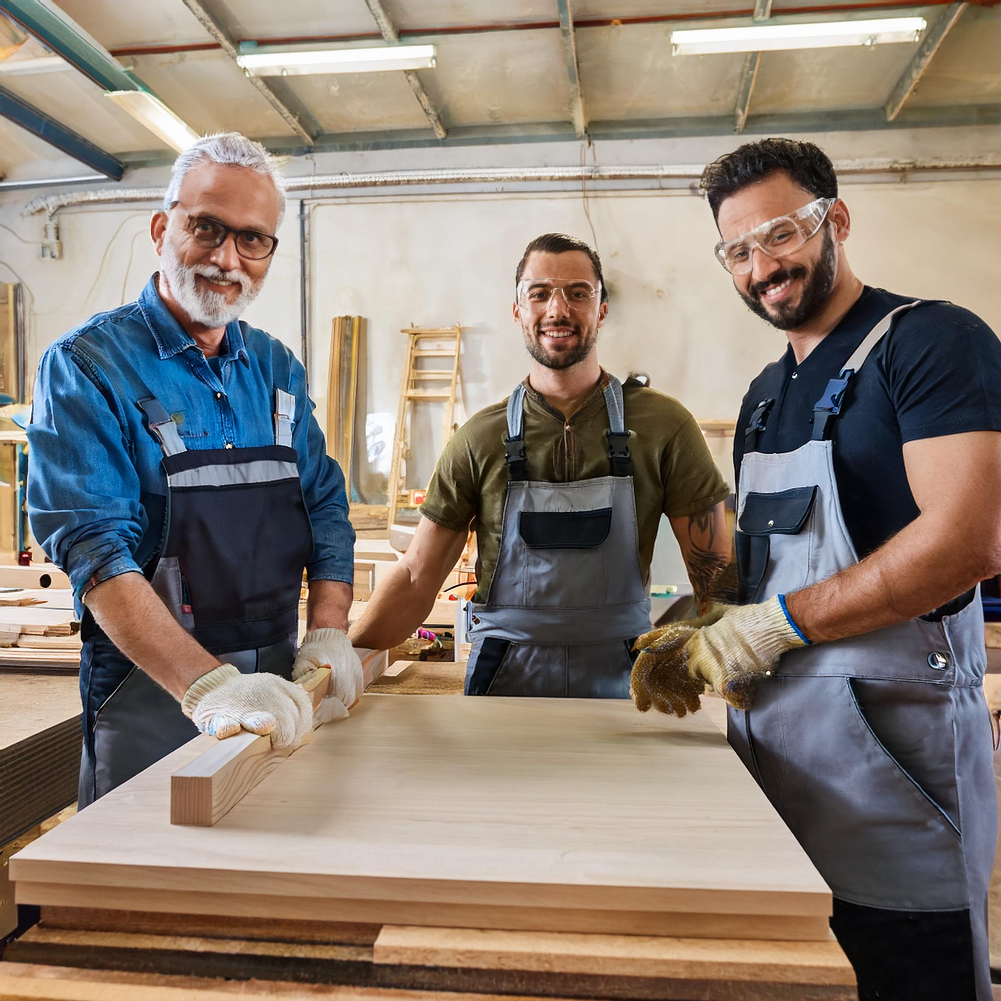 Modern woodworking team in a state-of-the-art workshop