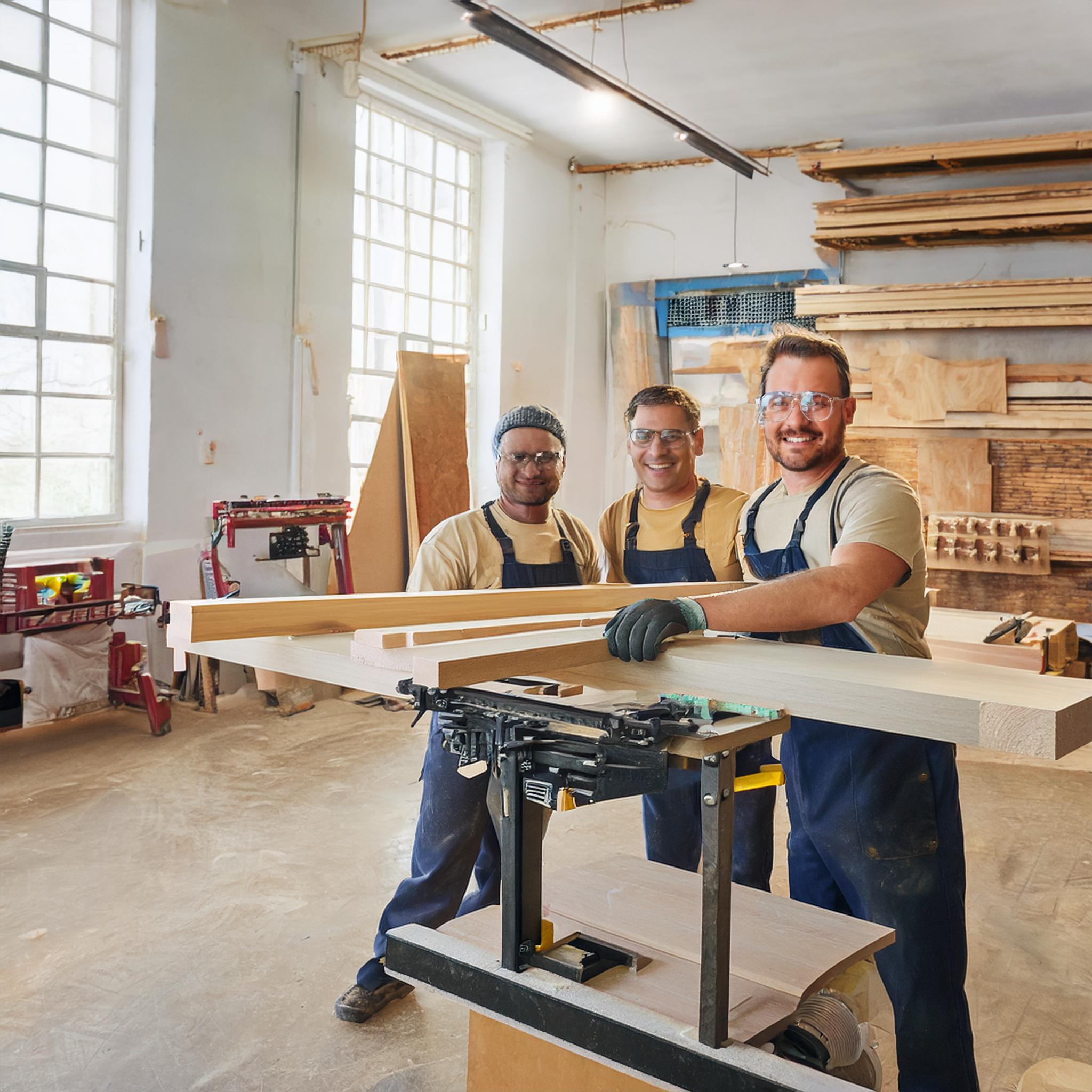 Woodworking team using advanced tools in a modern workshop