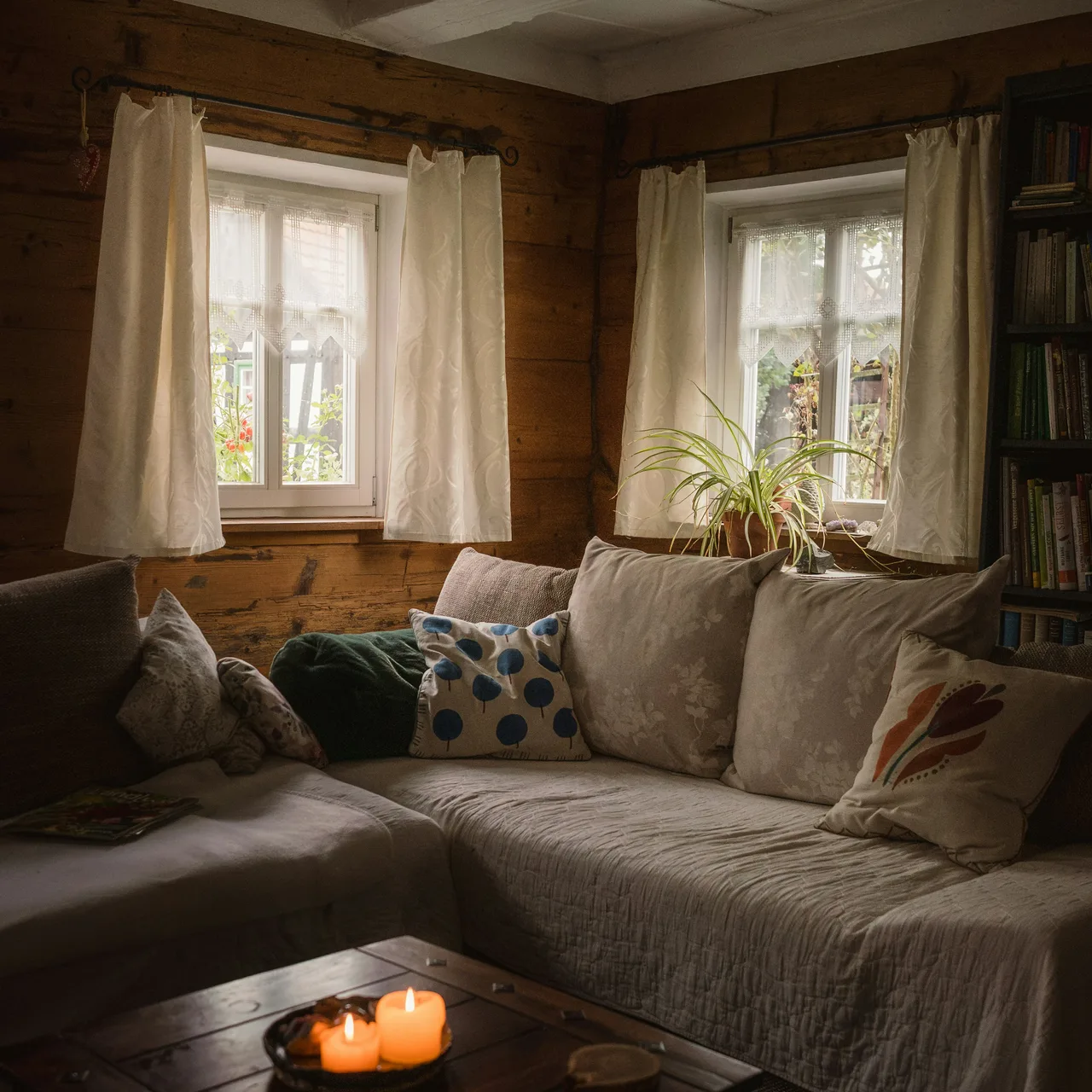 A sofa with cushions beneath two curtained windows in a wooden cabin