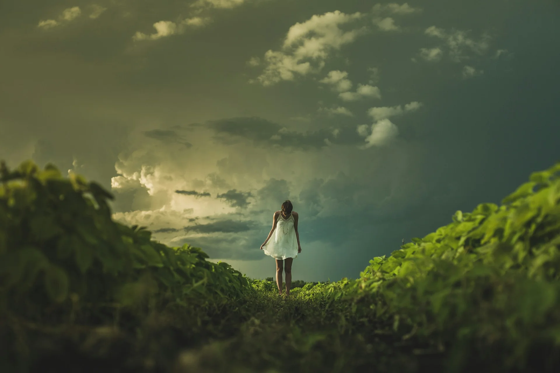 A woman in a white dress on a green hillside beneath a sky of gathering clouds