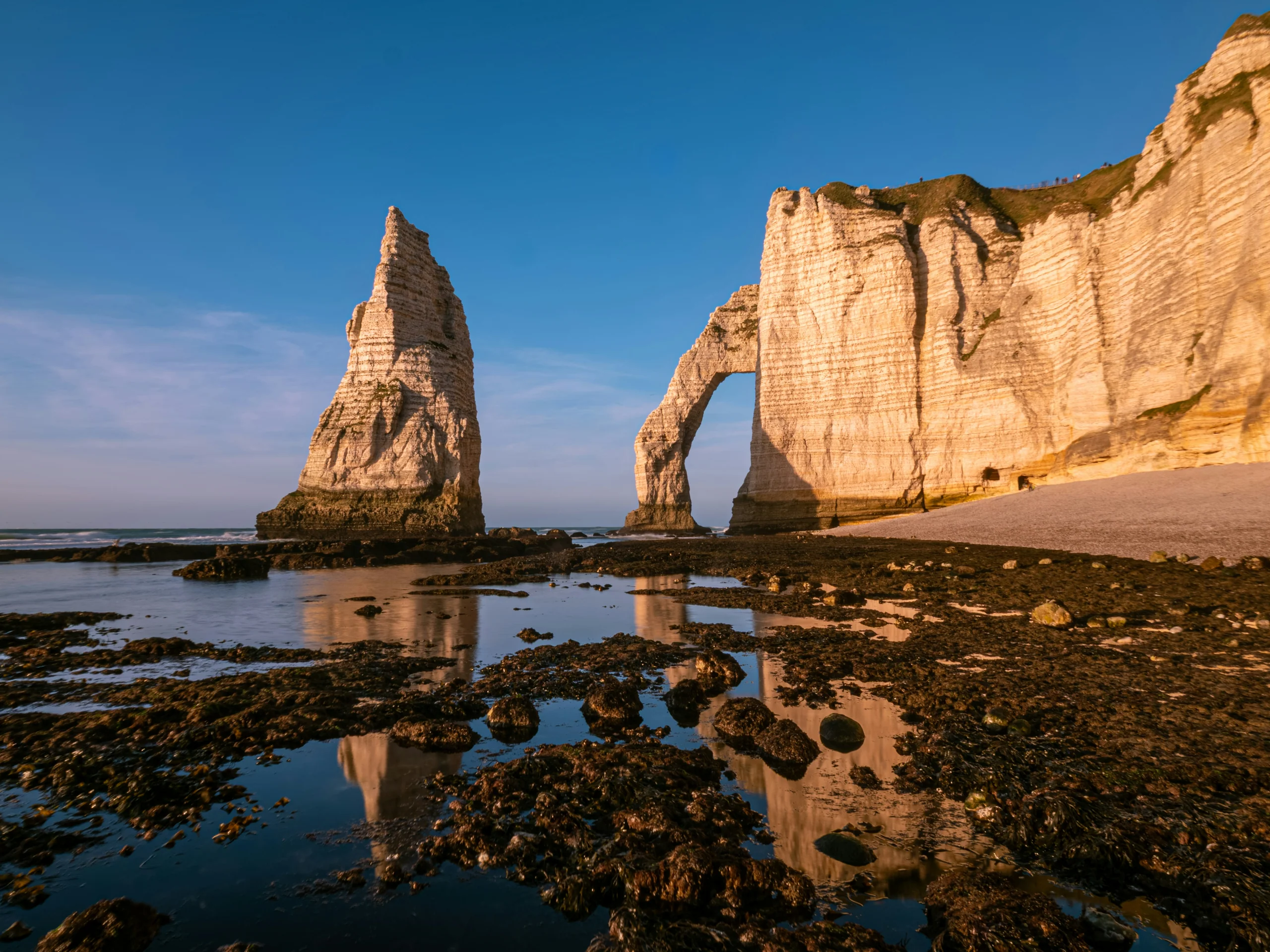 Coastal cliffs and a natural sea arch glowing at golden hour above rocky tide pools